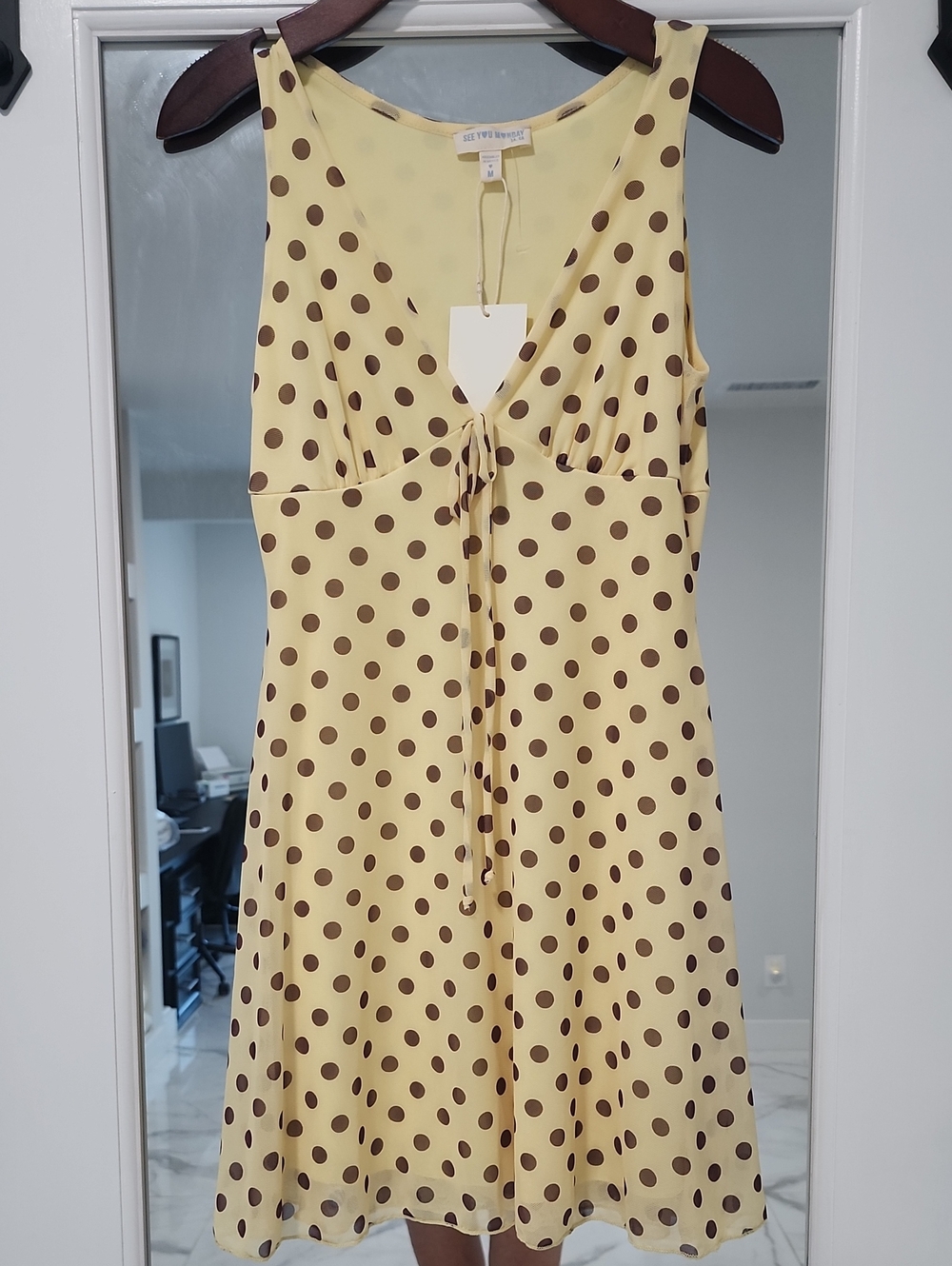 Yellow Polka Dot Tie-Front Sleeveless Dress